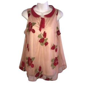 Disney Lauren Conrad Womens Tank Blouse Shirt Red Beige Floral Applique Tie